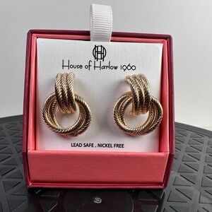 House of Harlow 1960 Gold Twisted Hoop Dangle Earrings Lead Safe Nickel Free‎